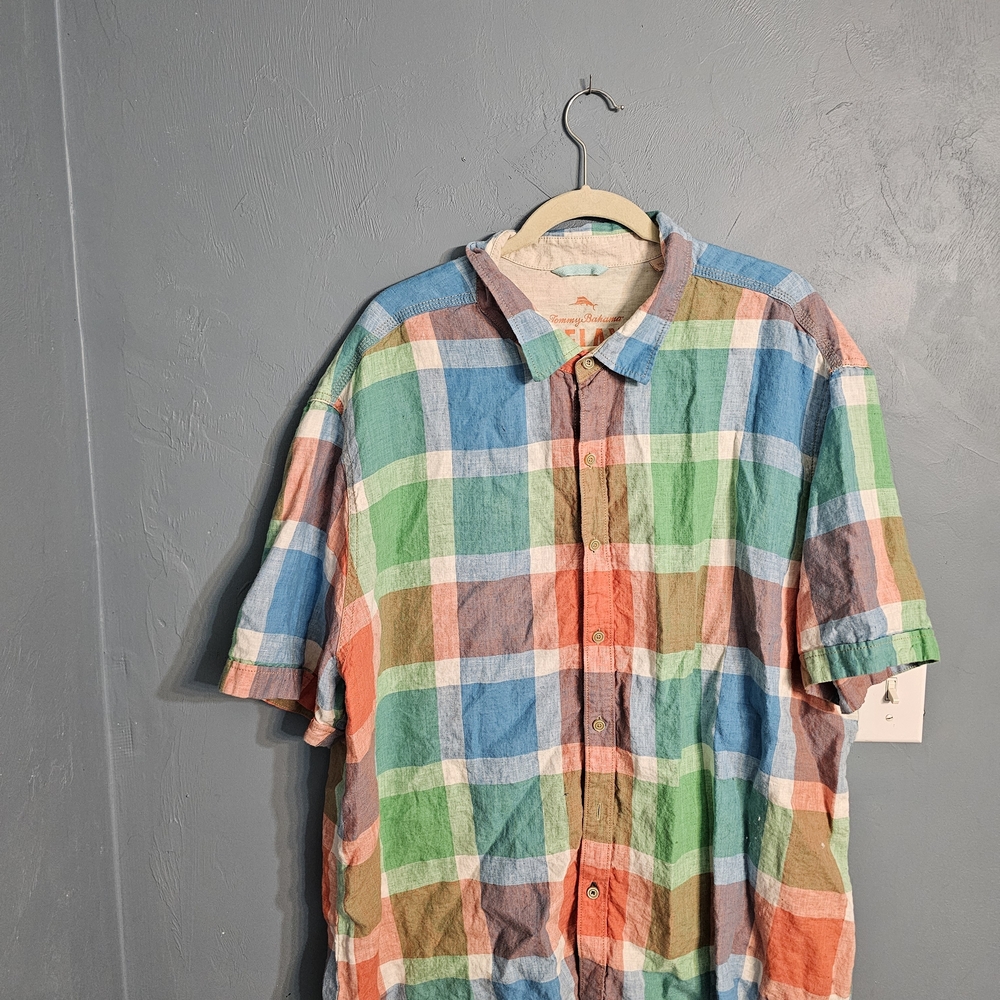 Tommy Bahama Linen Colorful Plaid Button Down Shirt.  #1116